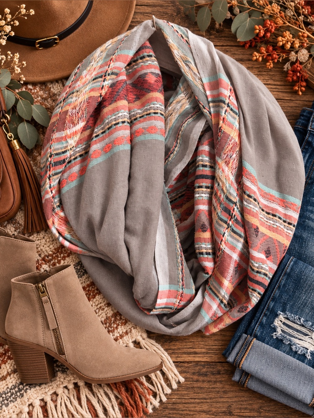 Gray Infinity Scarf with Coral and Teal Stripe Accents